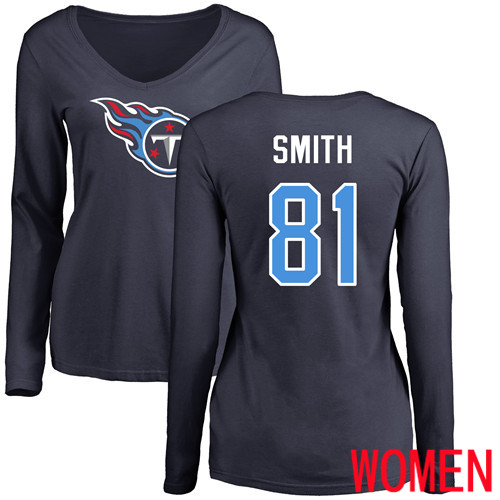 Tennessee Titans Navy Blue Women Jonnu Smith Name and Number Logo NFL Football #81 Long Sleeve T Shirt->women nfl jersey->Women Jersey